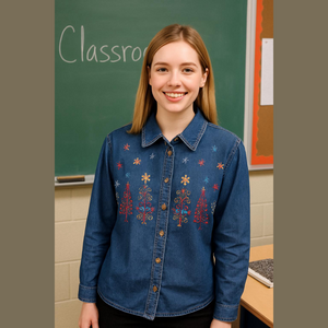 Vintage Blue Denim Embroidered Shirt colorful holiday Christmas New Directions